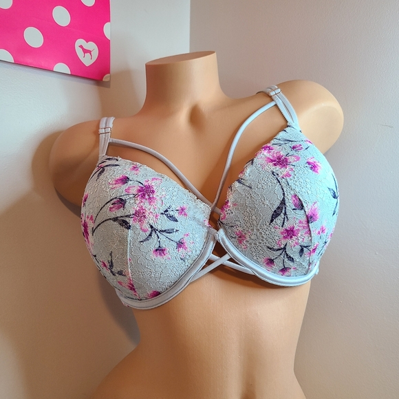 VS PINK Date Lace Strappy Front Push-up Bra Size 36F Blue Floral Lace - Picture 1 of 9